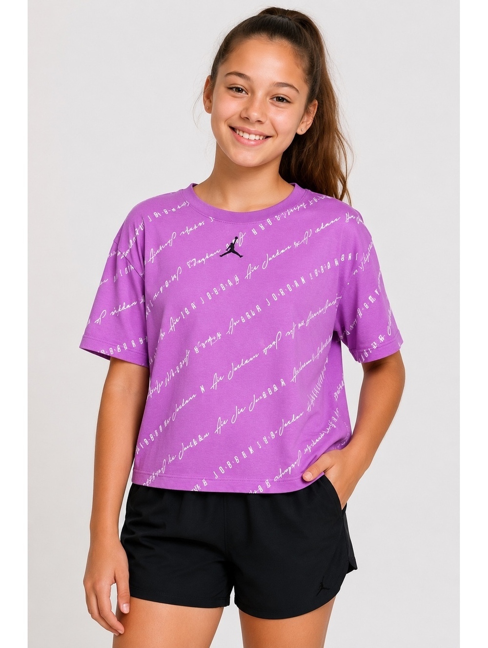 Jordan Girls Purple All Over Logo Graphic T-Shirt Youth XL 13-15 Years